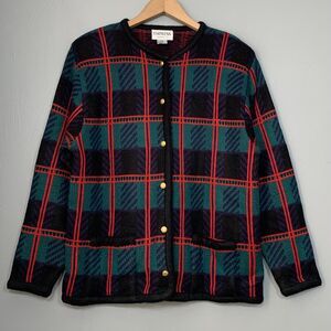 Vintage Cardigan Sz Medium Tartan Plaid Boxy Sweater Knit Gold Buttons Academia